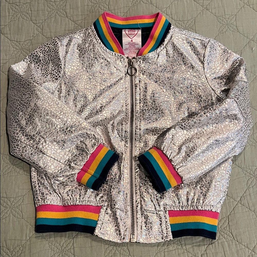 Silver Metallic Bomber Jacket with Rainbow Trim, toddler girl size 4